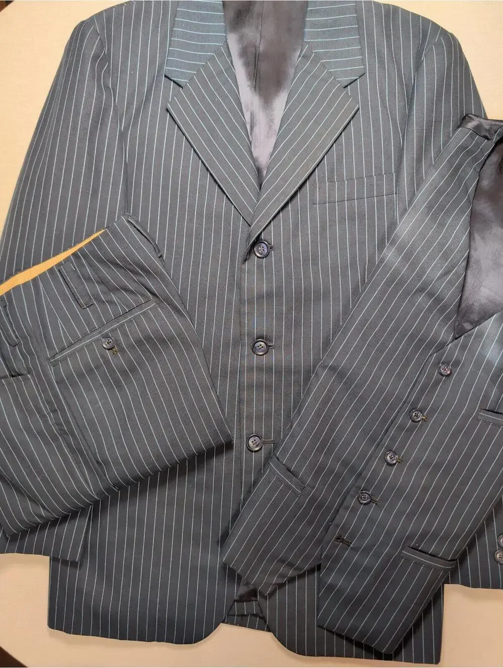 90s Vintage Bespoke Pinstripe 3 Piece Suit Navy Tailored Henries of Japan Unisex